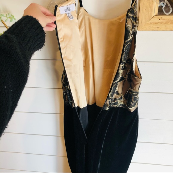 Belle Badgley Mischka Halter Dress Black Gold Lace Overlay Velvet Sexy - Picture 6 of 8